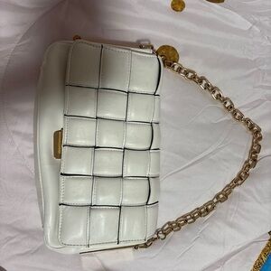White Woven Handbag with Gold Chain